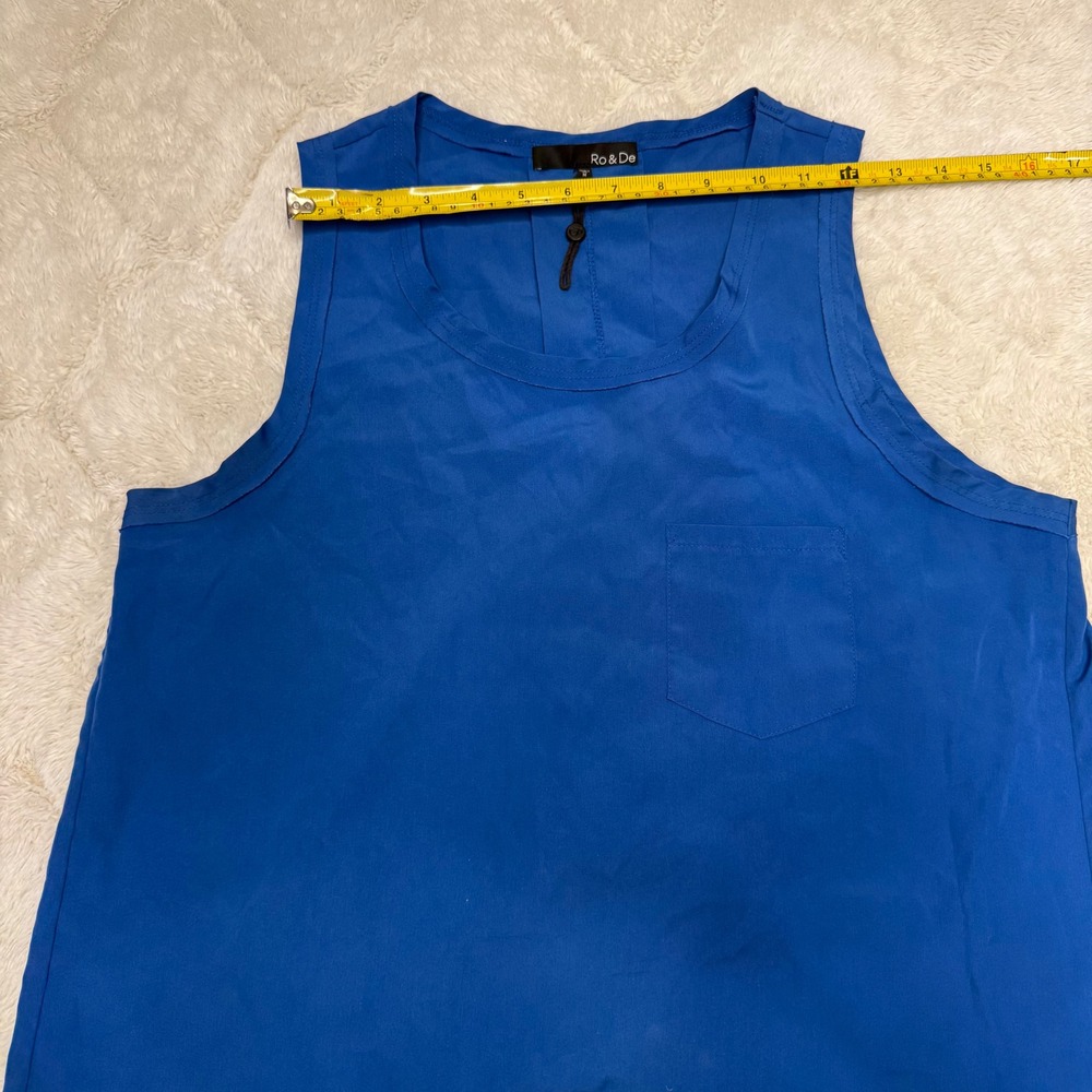 Ro & De Cobalt Blue Silky Tank Blouse M Pocket Hi-Low Minimalist career workwear - Picture 6 of 8